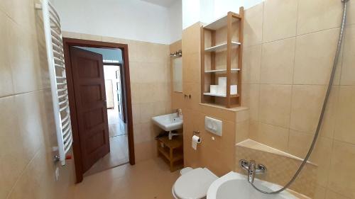 ein Bad mit einer Dusche, einem WC und einem Waschbecken in der Unterkunft Urocze przestronne,w idealnej lokalizacji in Bielsko-Biała