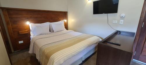 a hotel room with a bed and a flat screen tv at Aguila Mora Aparts in El Chalten