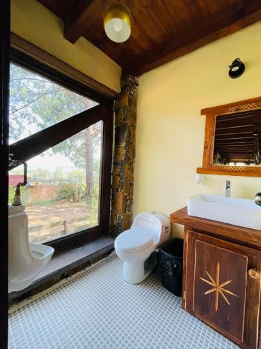 a bathroom with a toilet and a sink and a window at Cabaña La Esperanza in Mazamitla