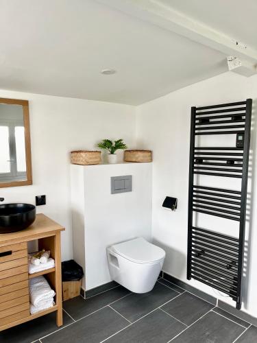 une salle de bain blanche avec des toilettes et un lavabo dans l'établissement L'Oranger - Magnifique Studio Indépendant Sur Mougins avec Jacuzzi Privé - Parking - Climatisation, à Mougins