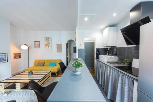 Il comprend une cuisine et un salon avec un comptoir bleu. dans l'établissement Appartement T2 au calme Cosy - Quartier Prébendes, à Tours