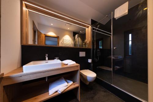 ein Bad mit einem Waschbecken, einem WC und einer Dusche in der Unterkunft Köpfle Alpe in Balderschwang