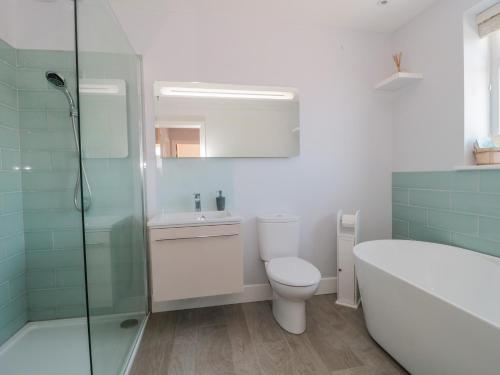 une salle de bain avec toilettes, lavabo et douche dans l'établissement Fisherman's Rest, à Weymouth