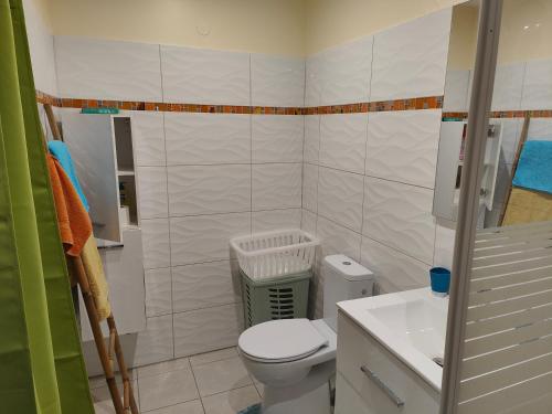 La salle de bains blanche est pourvue de toilettes et d'un lavabo. dans l'établissement Rayon de Soleil T2 Bas de villa, à Sainte-Anne