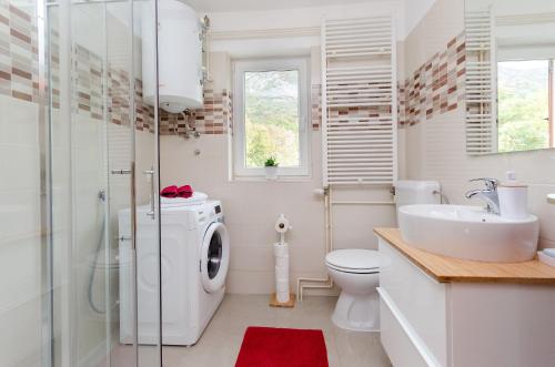 La salle de bains blanche est pourvue d'un lave-linge et d'un lavabo. dans l'établissement Apartment Ivona, à Tribalj