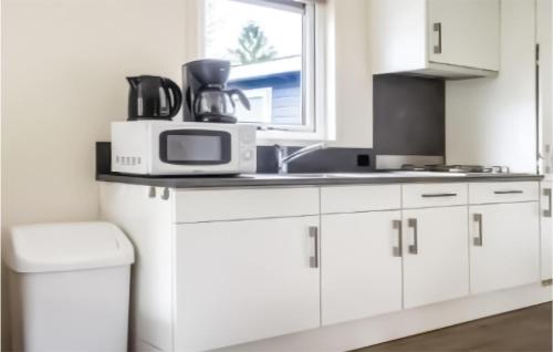 een keuken met witte kasten en een magnetron bij 2 Bedroom Stunning stacaravan In Vorden in Vorden