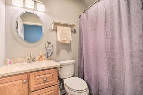 a bathroom with a toilet and a sink and a mirror at Ellicottville Townhome about Half Mi to Slopes! in Ellicottville