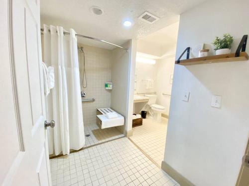 a bathroom with a shower and a toilet in it at Main Suiteking Bedselfcheckin1stfloornrg in Houston