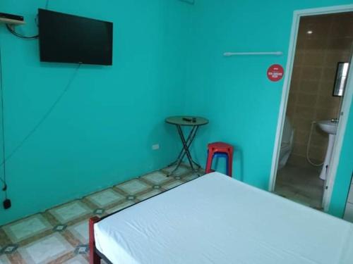 um quarto azul com uma cama e uma televisão na parede em Cebu Leisure Lodge em Cebu