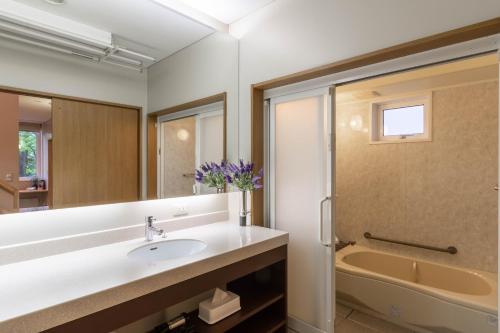 ein Badezimmer mit einem Waschbecken, einem WC und einer Badewanne in der Unterkunft Parkside Chalet Furano in Furano
