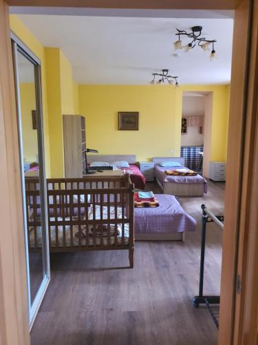 a room with two beds and a living room at Vecais cels 25C in Jelgava