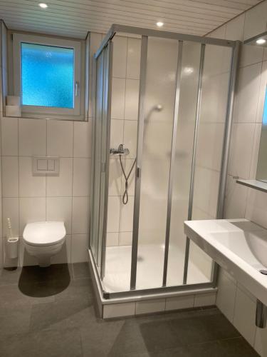 uma casa de banho com um chuveiro, um WC e um lavatório. em Engelberg Youth Hostel em Engelberg