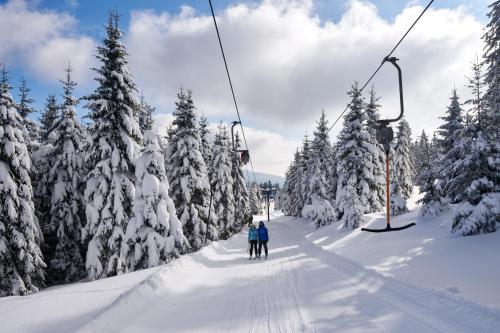 two people on a ski lift in the snow at Hotel Planja in Zreče