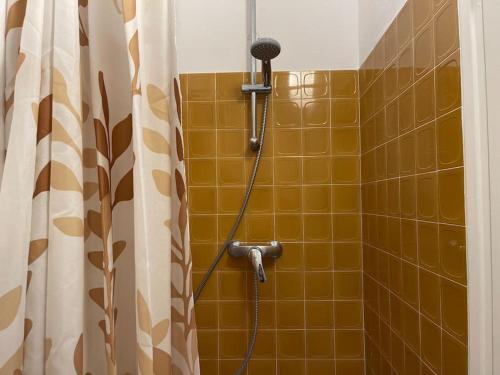 y baño alicatado de color amarillo con ducha y micrófono. en Le studio de la mer en Trouville-sur-Mer