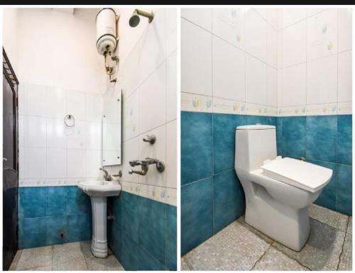 2 fotos de un baño con aseo y lavabo en Hotel Bansal Residency, Sirsa, en Sirsa