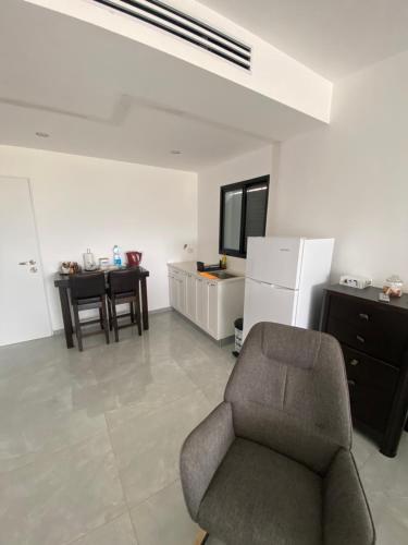 ein Wohnzimmer mit einem Stuhl und einem Tisch in der Unterkunft studio ilanit in Karmi’el
