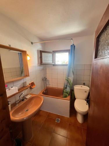 a bathroom with a tub and a toilet and a sink at Thassos Allegro Apartment in Limenaria