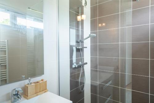 W łazience znajduje się prysznic, umywalka i lustro. w obiekcie Ty Treustel w mieście Combrit