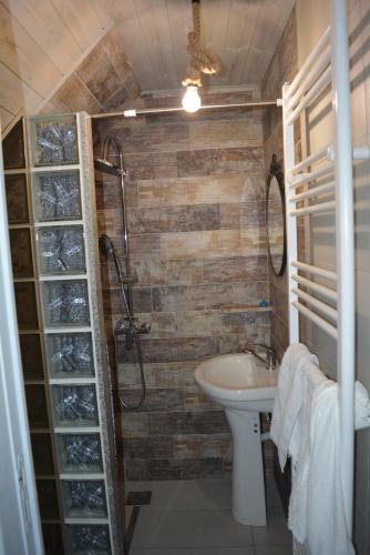 een badkamer met een toilet, een wastafel en een douche bij cabana din padure in Finiş