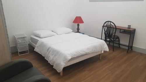 a bedroom with a bed and a desk and a chair at Hyper centre - 3 chambres - Gare - wifi - cosy in Bourg-en-Bresse