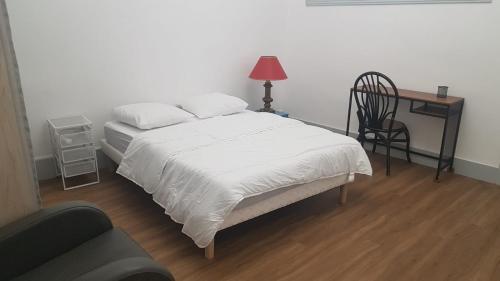 une chambre avec un lit, un bureau et une chaise dans l'établissement Hyper centre - 3 chambres - Gare - wifi - cosy, à Bourg-en-Bresse