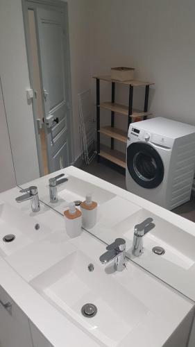 La salle de bains est pourvue d'un lavabo avec miroir et d'un lave-linge. dans l'établissement Hyper centre - 3 chambres - Gare - wifi - cosy, à Bourg-en-Bresse