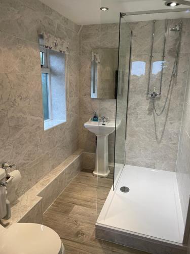 a bathroom with a shower and a sink at Middle Tree, ideal modern cottage in Alburgh