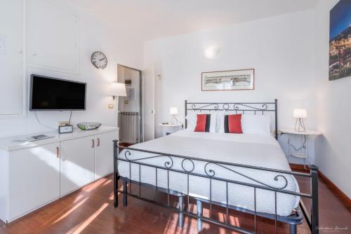 Un dormitorio con una cama grande con un televisor en la pared. en Wine Apartments Florence Prugnolo, en Florencia