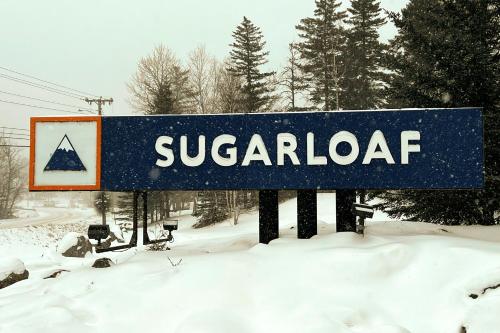 a sign for a ski resort in the snow at Snow Lion in Carrabassett