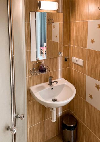 a bathroom with a sink and a mirror at JP ubytování Loštice in Loštice
