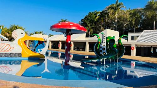 a pool with a water park with a slide at Refúgio Escarpas do Lago in Capitólio