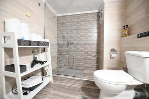 a bathroom with a shower and a toilet and a sink at Lovely luxury apartment in Serres