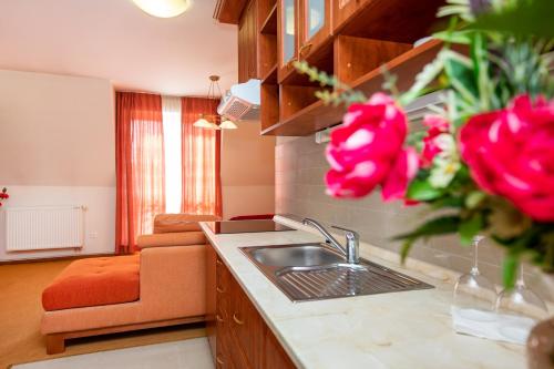 a kitchen with a sink and red roses on the counter at Hotel Boss in Žilina