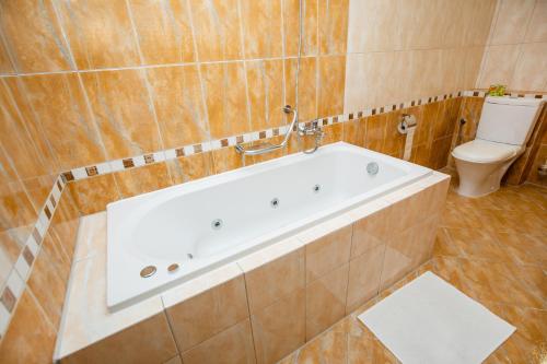 a bathroom with a tub and a toilet at Hotel Boss in Žilina