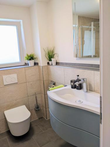 a bathroom with a sink and a toilet at Ferienwohnung BergOase mit Pool & Sauna in Scheidegg