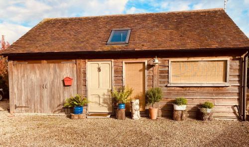 a wooden shed with potted plants in front of it at Studio 23 