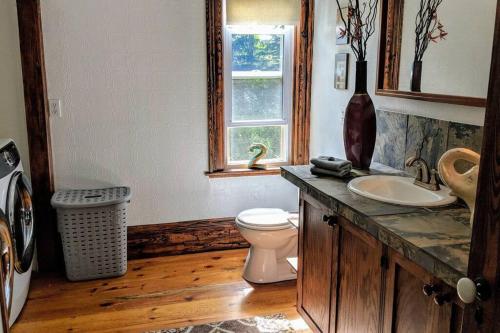 a bathroom with a toilet and a sink and a window at Bohemian Room in a 150-Year-Old Victorian House in Orangeville
