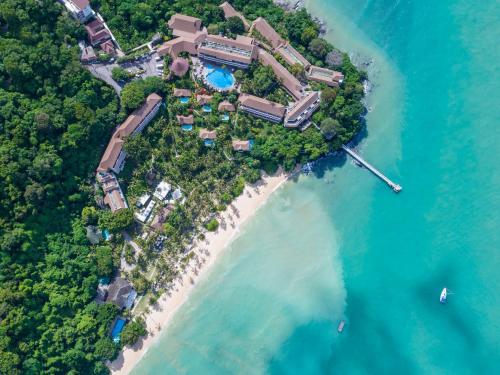 an aerial view of an island in the ocean at Cape Panwa Hotel Phuket in Panwa Beach
