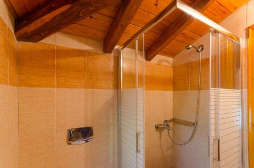 La salle de bains est pourvue d'une douche avec une porte en verre. dans l'établissement Villa Louisa, à Kanapitsa