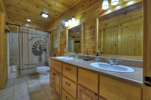 Cabaña de madera con baño con 2 lavabos y aseo en Crooked Creek View Near Ocoee River, With Hot Tub, en Copperhill