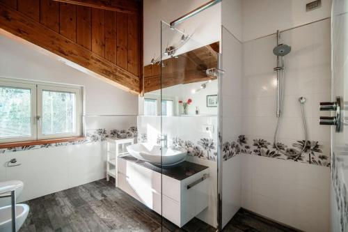 ein Bad mit einem Waschbecken, einer Dusche und einem WC in der Unterkunft Villa Sissi in Bellagio