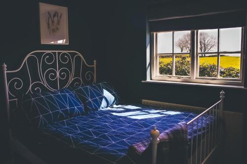 a bedroom with a bed with a blue comforter and two windows at Cottage at the Alms - Dog Friendly! in Strangford