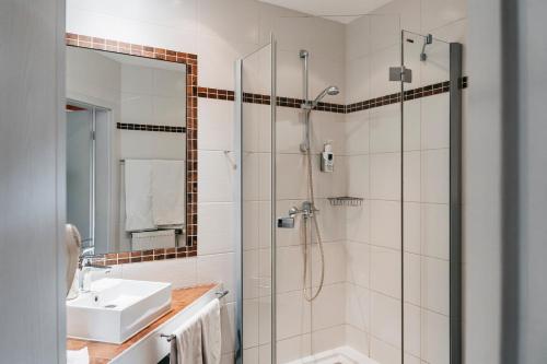 a bathroom with a shower and a sink and a mirror at Hotel Birkenhof in Heidelberg