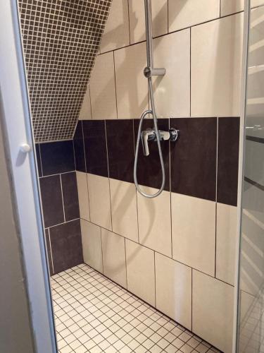 y baño con ducha y azulejos blancos y negros. en Les Chambres du Roi, en La Flèche