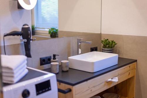a bathroom with a white sink and a mirror at FESH LIVING in Kaprun