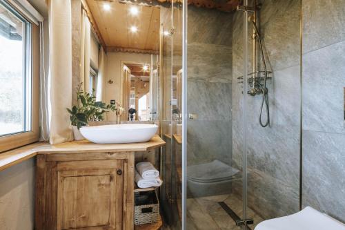 a bathroom with a sink and a shower at Górski Domek DeLux in Małe Ciche