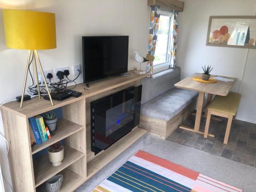 un soggiorno con tv e camino di Newquay Bay Resort - Summer Days 135 a Newquay Bay Resort