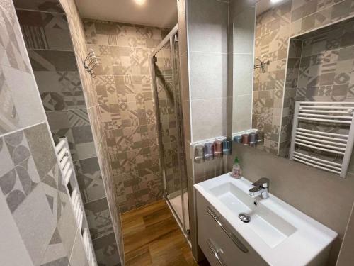 een badkamer met een wastafel, een douche en een spiegel bij Au point du jour - Gîtes Carcassonne, Lac de la Cavayère in Carcassonne