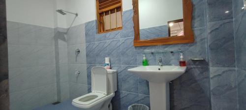 a bathroom with a sink and a toilet and a mirror at Dream Palace Family Guest House Mirissa , Beach 50m in Mirissa