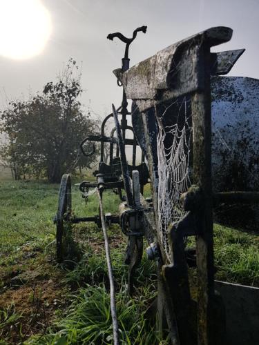 an old water pump sitting in a field at Chambre Cosy, Nature, wifi et salle de bain in La Roche-Posay